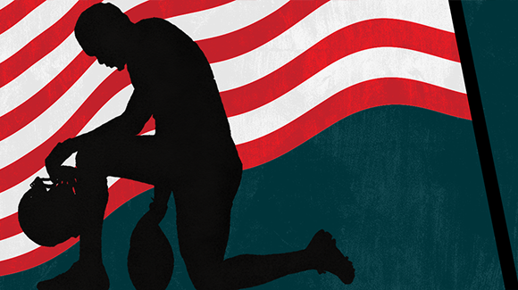 silhouette outline of player kneeling in front of an American flag