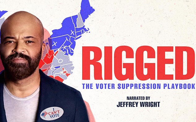 Jeffery Wright standing over map of the US. Text reads "Rigged: the voter suppression playbook"