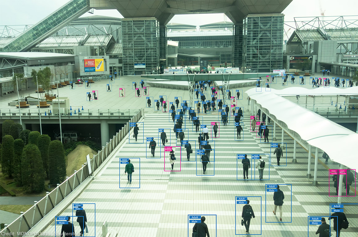 View of people from afar with human recognition markers around them